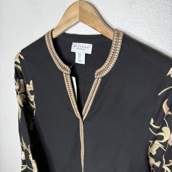 Calypso St Barth Embroidered Balloon Long Sleeve Black Top Women's Small Boho‎ - Picture 2 of 11